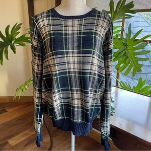 Vintage Polo Ralph Lauren Preppy Cotton Plaid Navy and Cream Crewneck Sweater L
